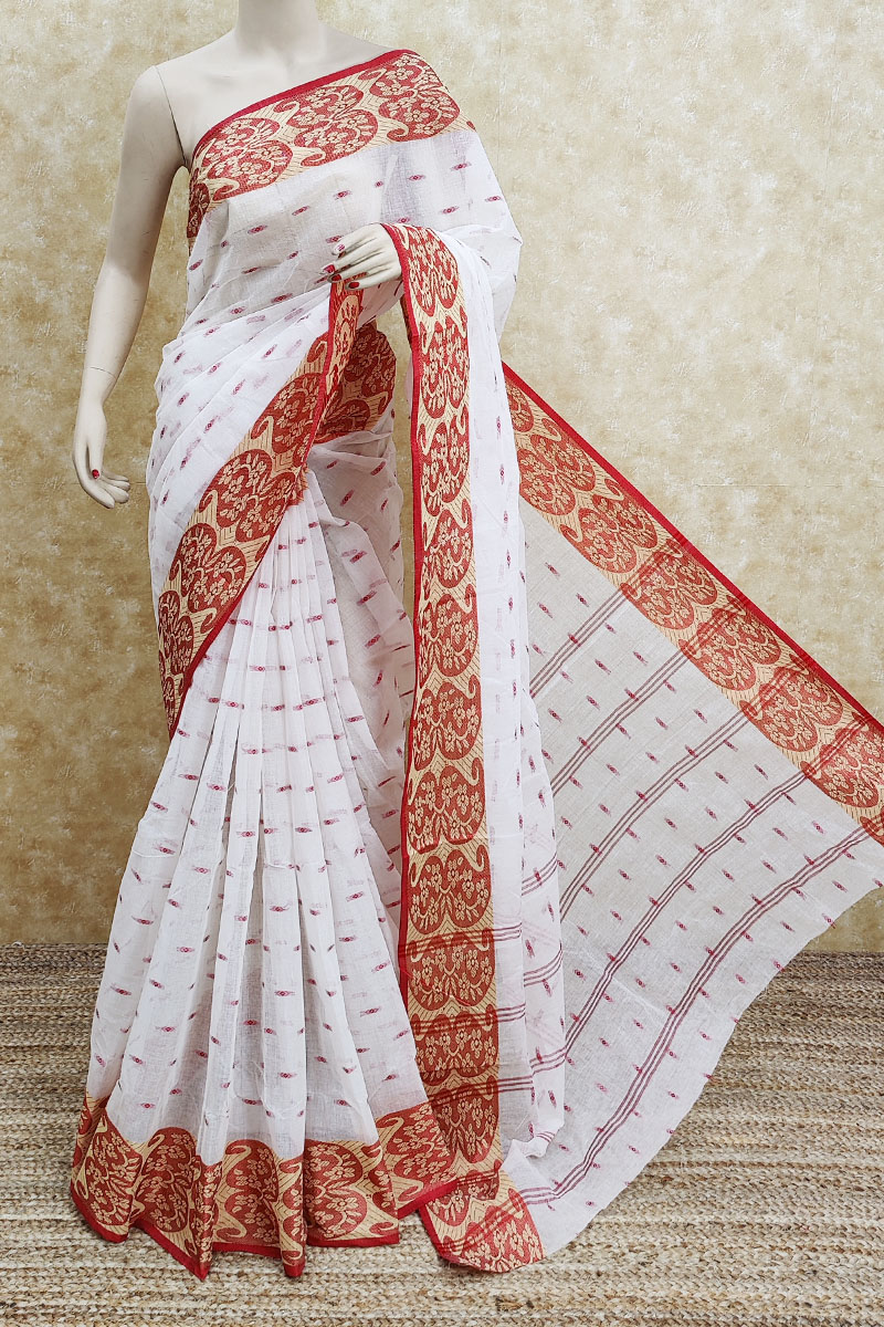 White Orange Colour Bengoal Handloom Cotton Saree (Without Blouse) MC251981